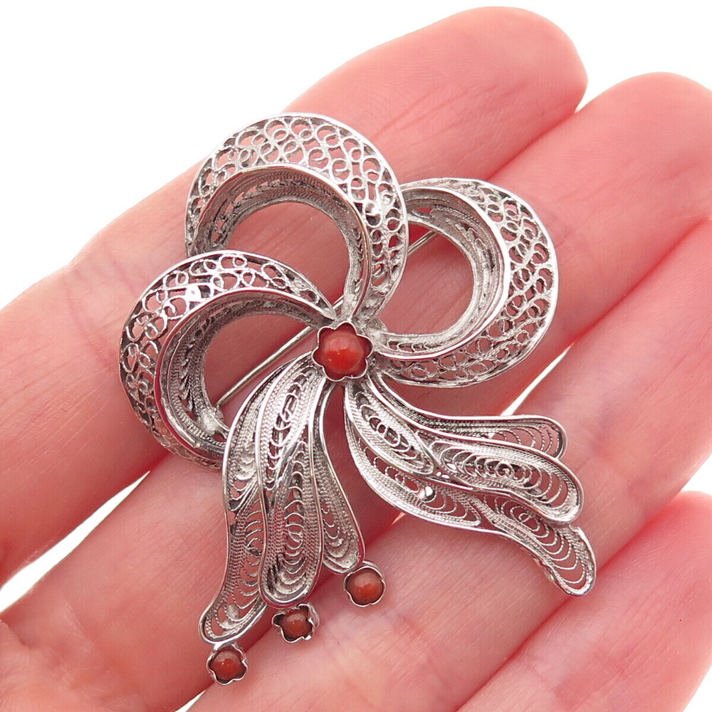 800 Silver Antique Art Deco Real Coral Floral Filigree Pin Brooch